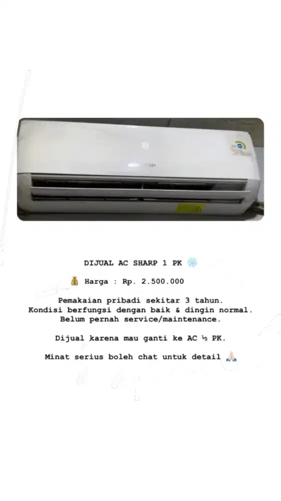 Dijual AC 1 PK pemakaian 3tahun