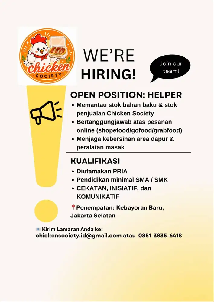 LOWONGAN KERJA POSISI HELPER (CHICKEN SOCIETY)