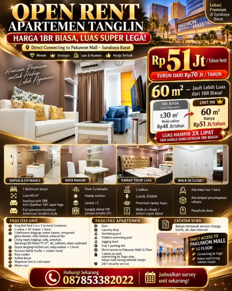 DISEWAKAN SUPER FULL FURNISH APARTEMEN TANGLIN SURABAYA BARAT MALL