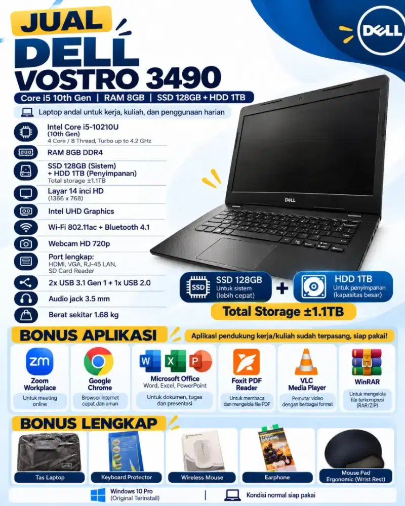 Dell Vostro 3490 - Core i5 gen 10 /RAM 8GB / SSD + HDD