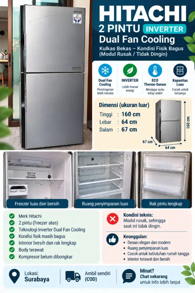HITACHI 2 PINTU INVERTER – DUAL FAN COOLING