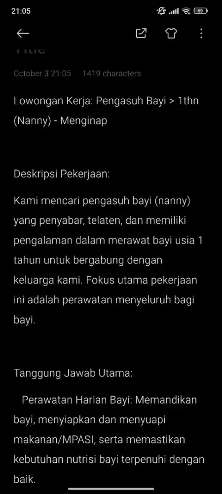 Dibutuhkan pengasuh bayi > 1thn (nanny) menginap