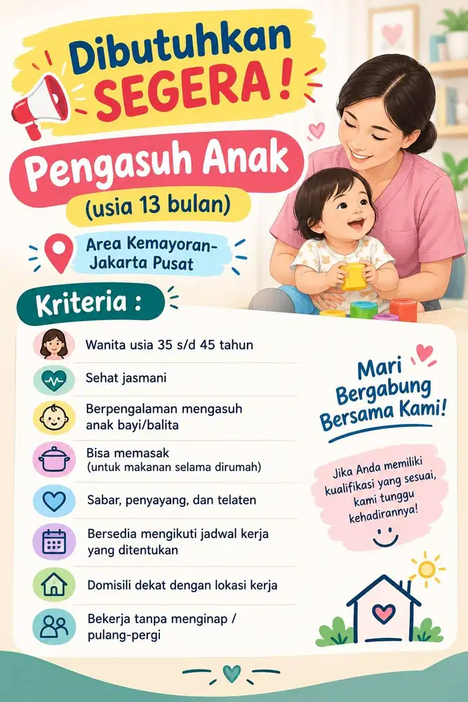 Dibutuhkan segera Pengasuh anak (PP) Kemayoran Jakarta Pusat