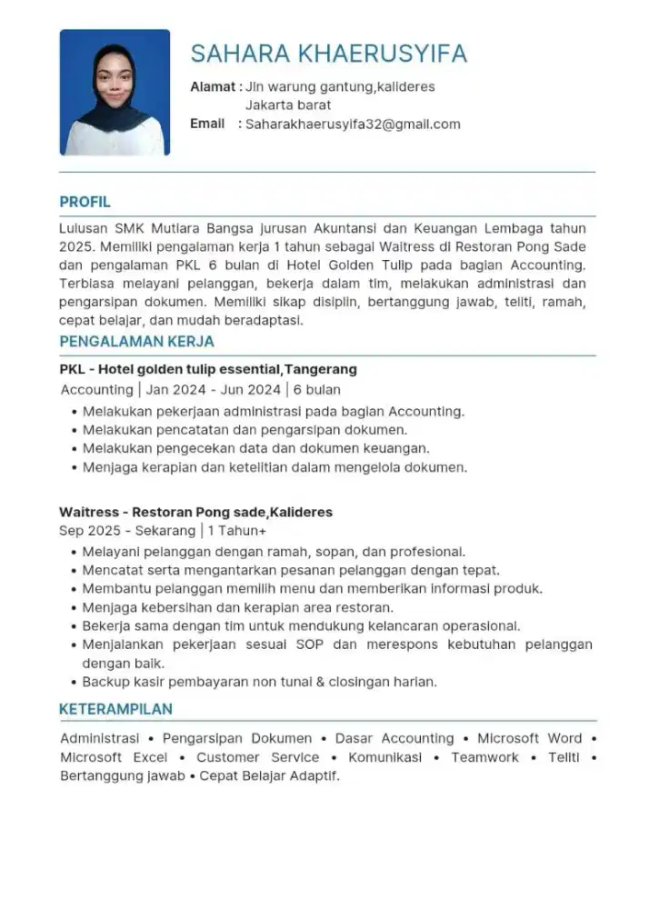 Lulusan SMK Akuntansi | Waitress | Backup kasir