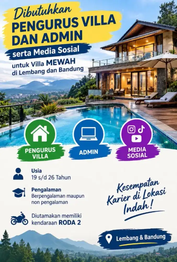 Dibutuhkan Pengurus Dan staff villa / penginapan eklusif