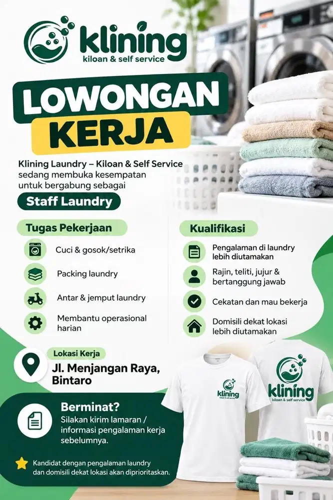 Lowongan Kerja Staff Klining Laundry