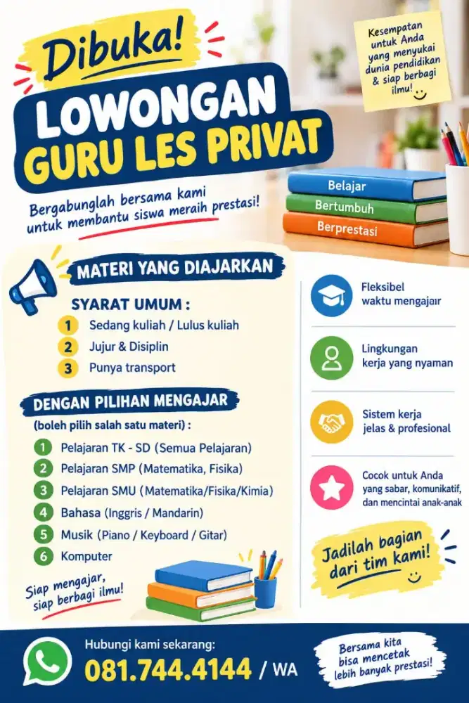 Dibuka lowongan GURU LES PRIVAT