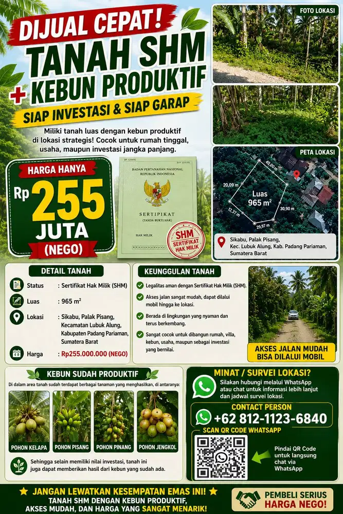 DIJUAL CEPAT – TANAH SHM & KEBUN PRODUKTIF
