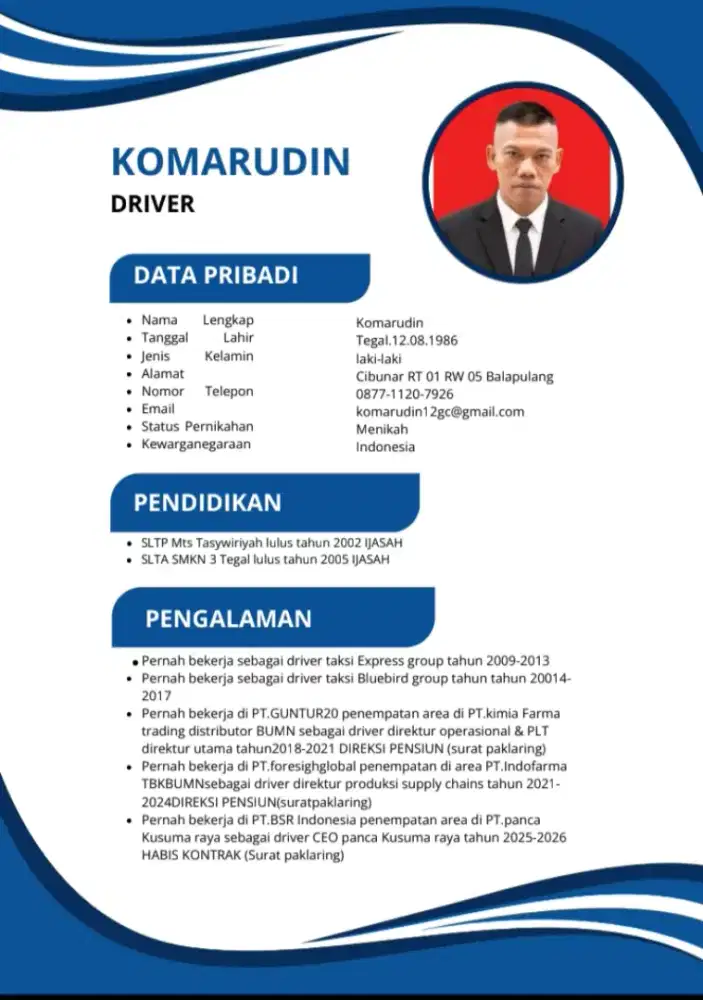 Saya sedang mencari pekerjaan sebagai driver