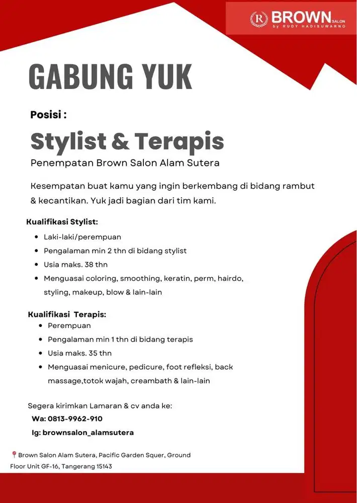 Dibutuhkan Stylis & Terapis
