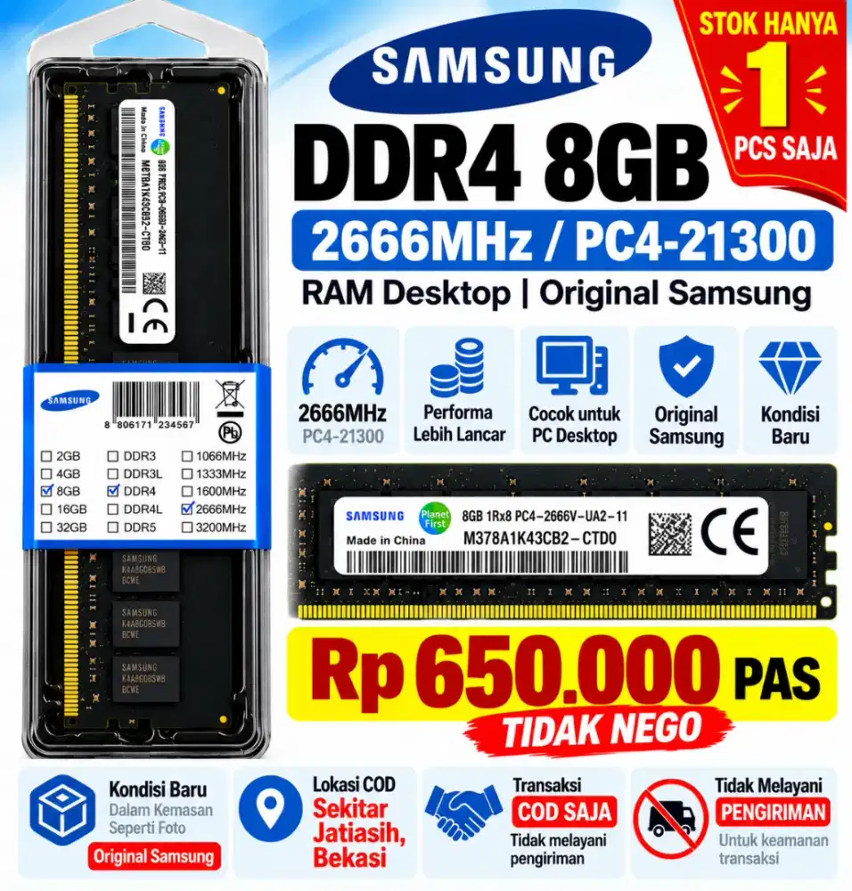 RAM Samsung DDR4 8GB 2666MHz PC4-21300 | Baru | 1 PCS