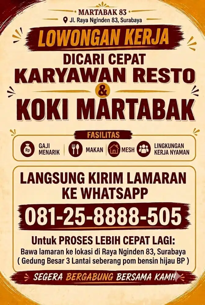 DICARI CEPAT KOKI MARTABAK & KARYAWAN RESTO - LOWONGAN KERJA ( LOKER )