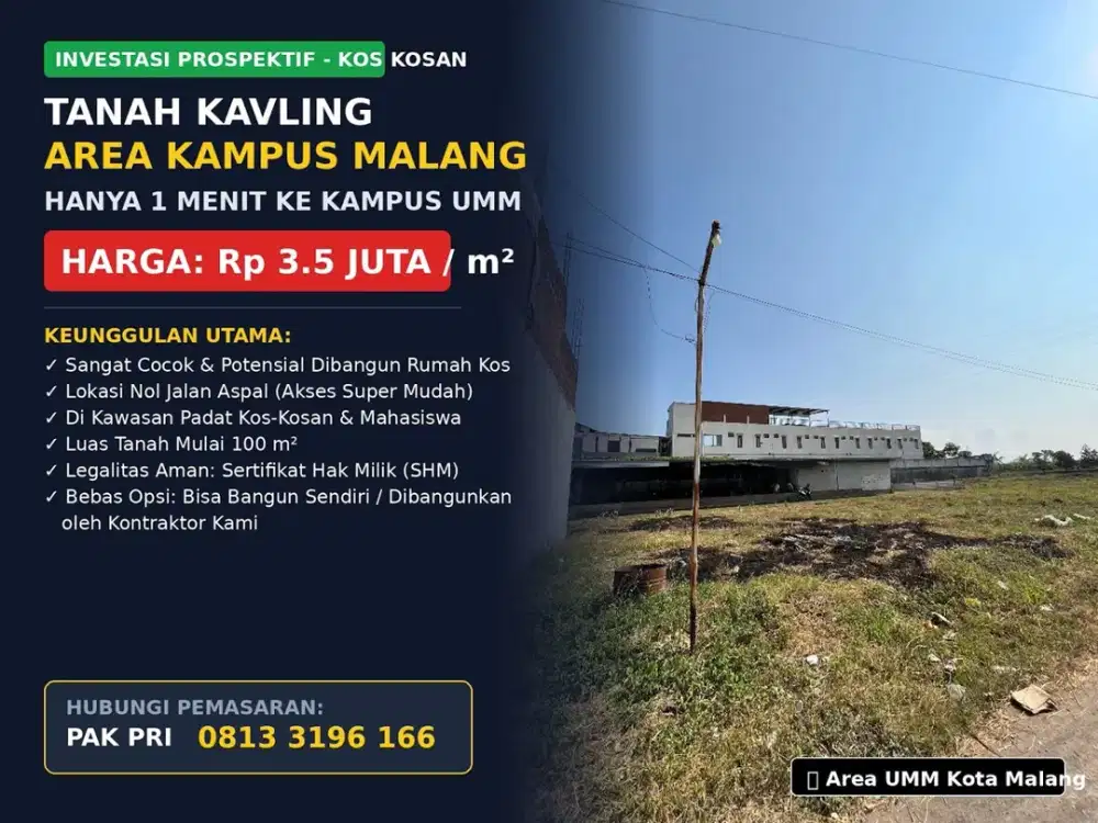 INVESTASI PROSPEKTIF! Dijual Tanah Kavling 1 Menit ke Kampus UMM Malang - Cocok Untuk Kos-Kosan (SHM)