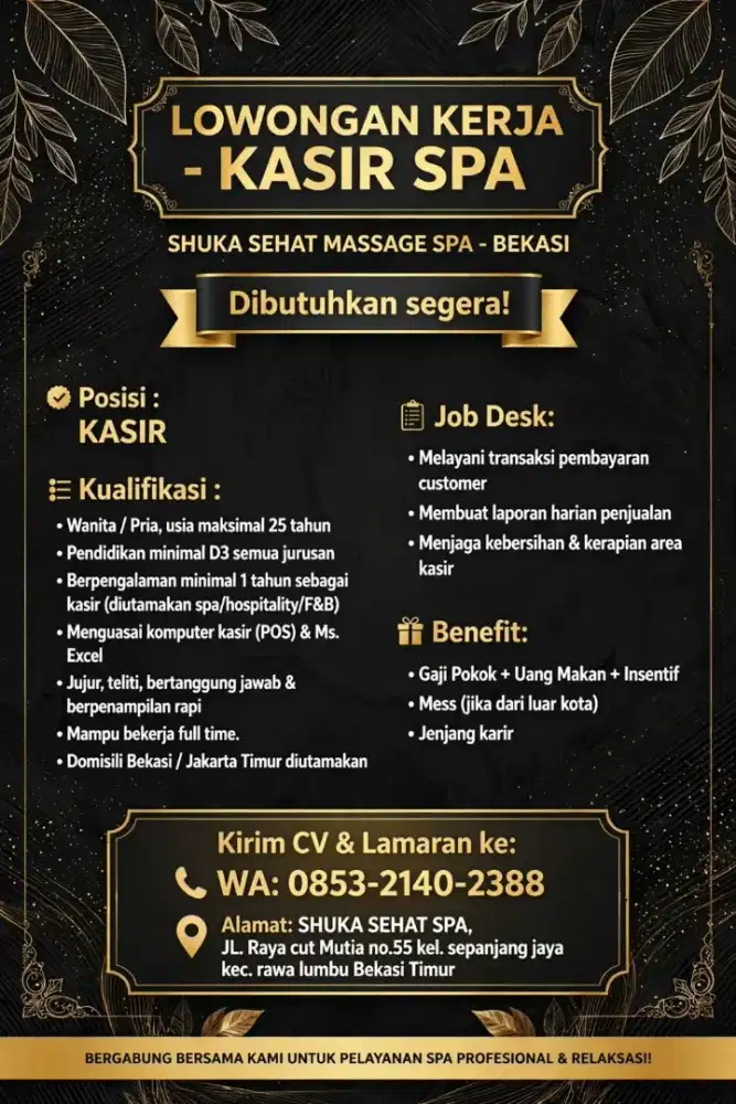 Lowongan kerja sebagai kasir SPA Men's