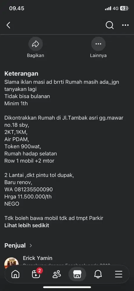 Rumah dikontrakkan 2KT 1KM
