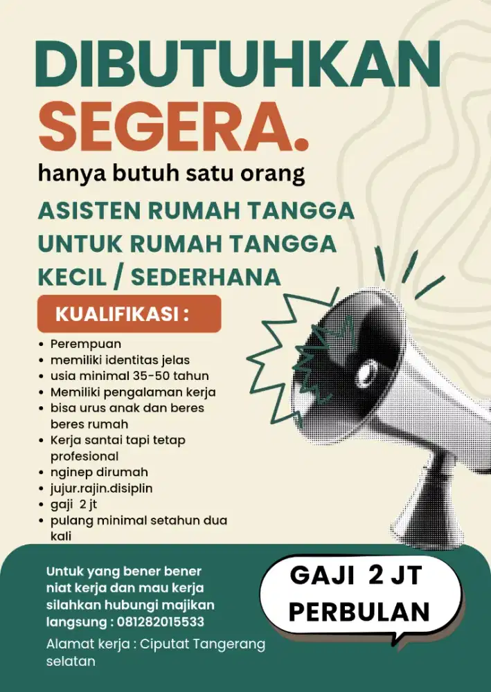 BUTUH ART 1 ORANG LANGSUNG MAJIKAN
