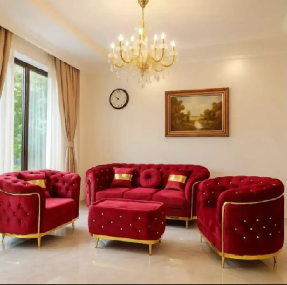 Sofa Mewah Chesterfield Velvet Merah Elegan + Meja Ottoman