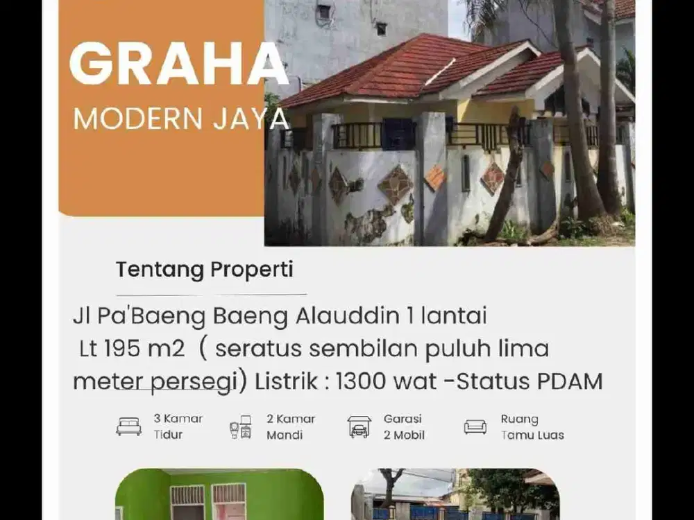 Perumahan Graha Modern Jaya
Jl Pa'Baeng Baeng Alauddin
Jumlah kamar : 3 kamar 
Jumlah WC : 2 
Brp lantai : 1 lantai 
Ukuran tanah : 195 m2 ( seratus sembilan puluh lima meter persegi) 
Listrik : 1300 wat 
Status PDAM
 Harga : 1,6 M