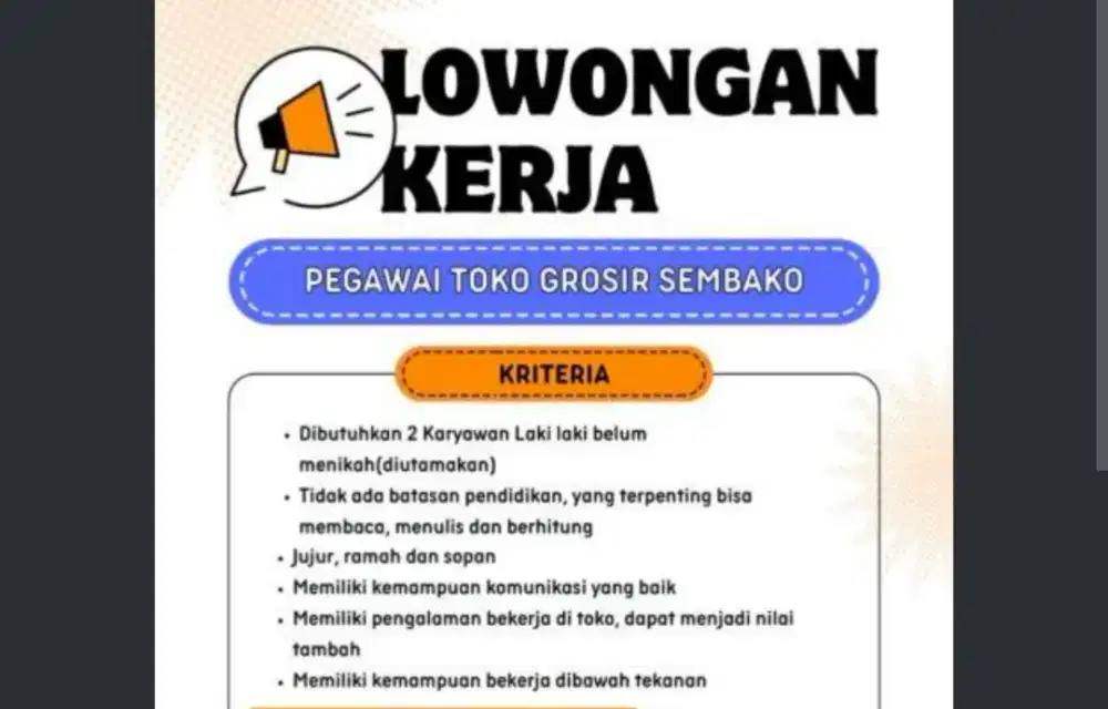 Dicari 2 orang wajib cowo untuk di toko sembako