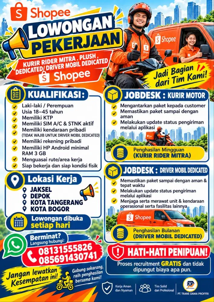 LOWONGAN KERJA KURIR MOTOR MITRA , PLUSH & DEDICATED & DRIVER MOBIL