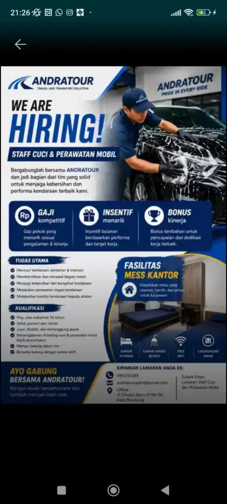 Loker untuk bagian cuci & perawatan mobil