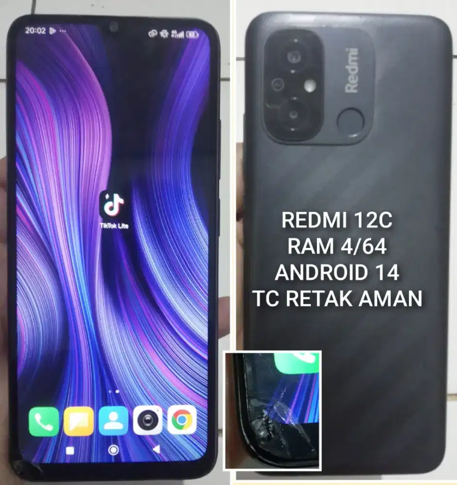 Redmi 12c ram 4/64 android 14 tc retak pojok kiri bawah aman, kranji