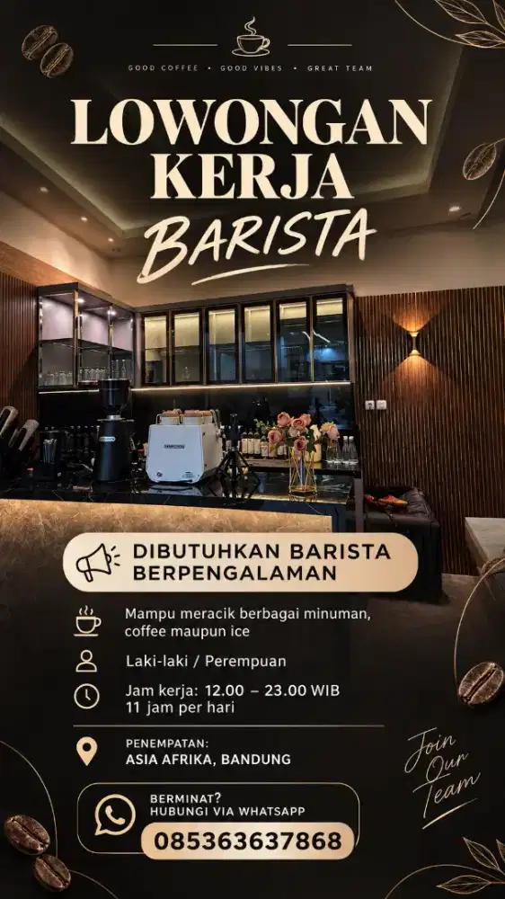 DIBUTUHKAN BARISTA BEPENGALAMAN UNTUK COFFESHOP