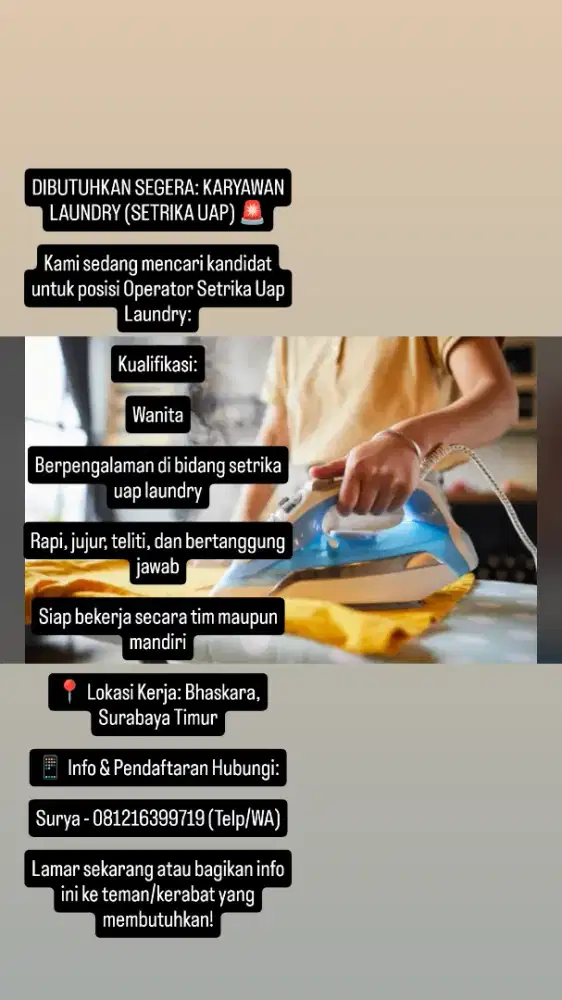 lowongan kerja bagian setrika uap