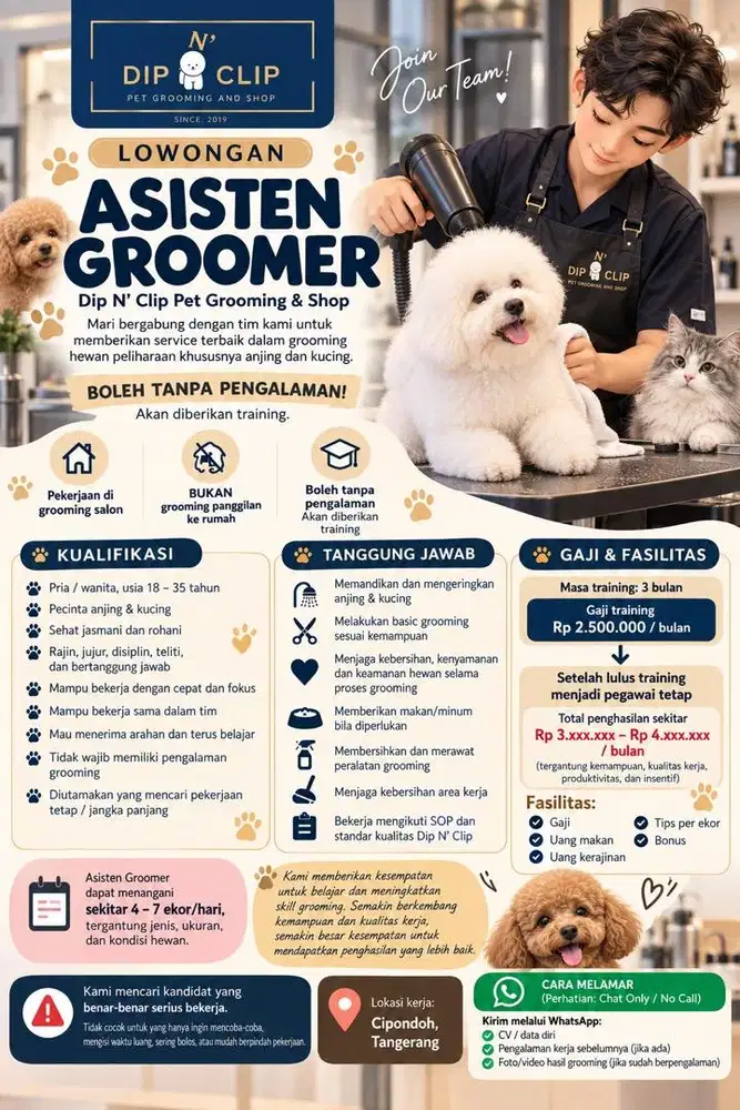 LOWONGAN ASISTEN GROOMER – FULL TIME