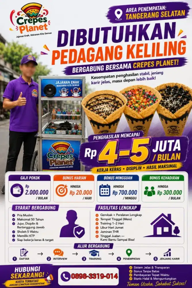 Dibutuhkan pedagang keliling jualan crepes pakai gerobak dorong