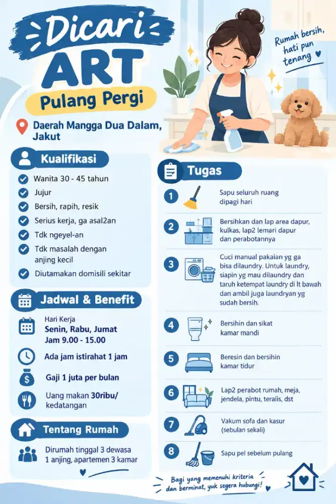 Dibutuhkan ART Pergi Pulang ga takut Anjing
