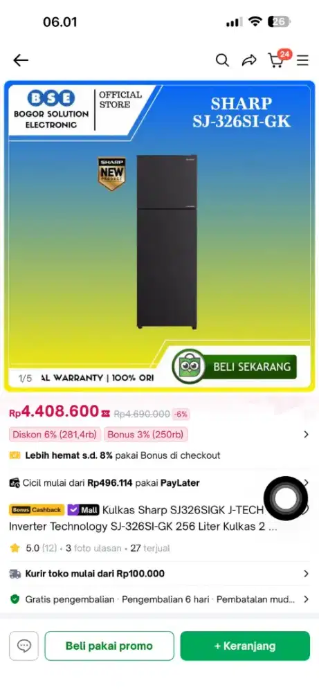 kulkas sharp inverter SJ326SIGK rasa baru, harga bekas