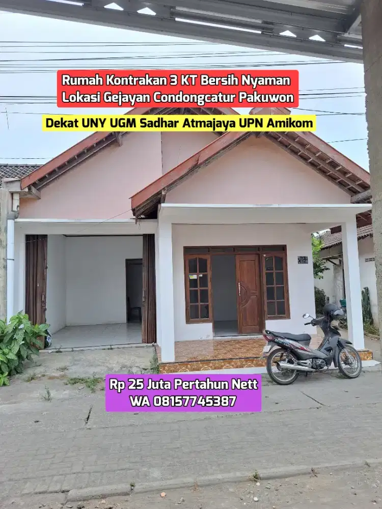 KONTRAKAN GEJAYAN 3 KT DEKAT UGM UNY PAKUWON MALL 25JUTA/THN