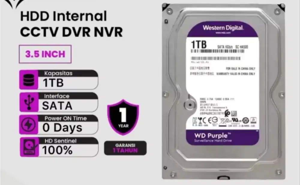 Hdd hardisk cctv 1tb wd purple 0 days garansi 1 tahun