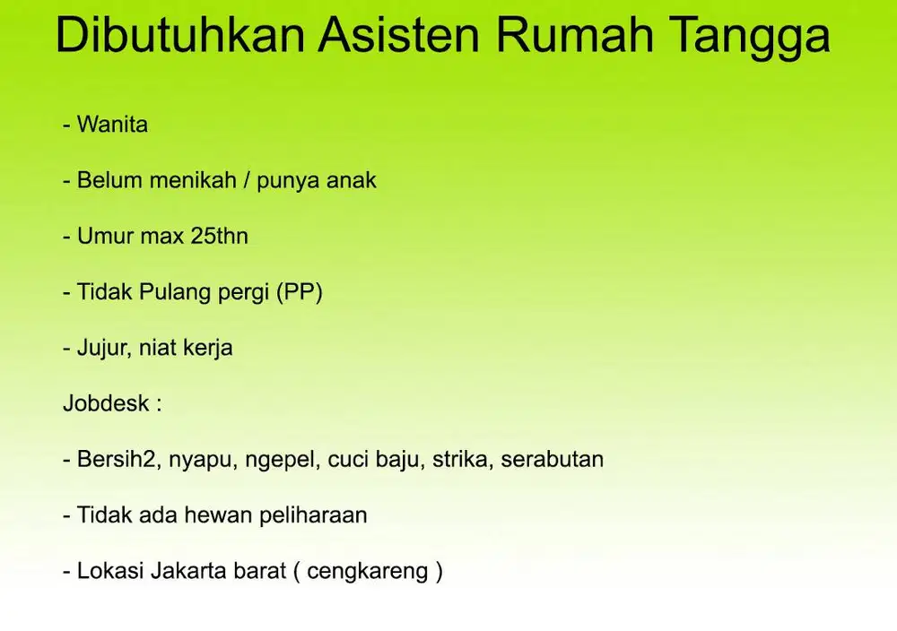 [DIBUTUHKAN CEPAT] ASISTEN RUMAH TANGGA [MENGINAP]