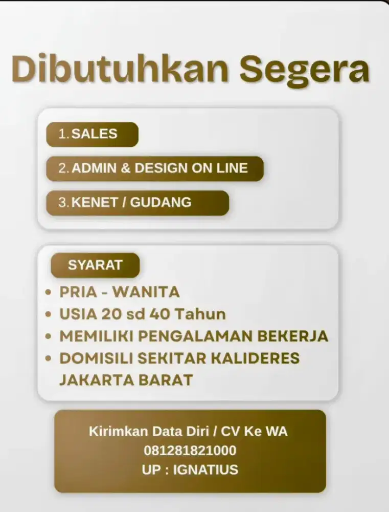 Lowongan Admin, Sales, Gudang