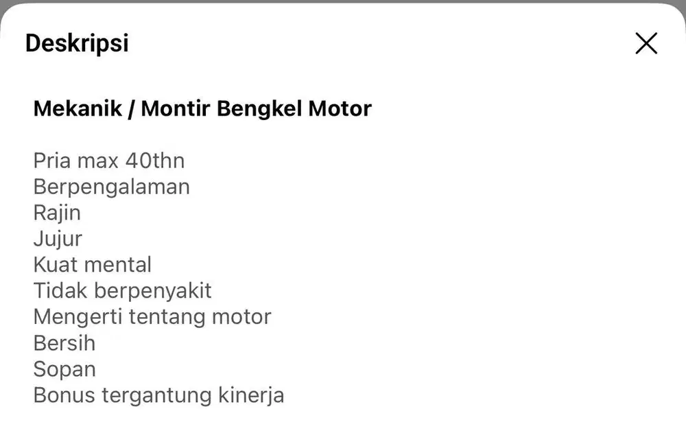 Loker Mekanik/montir Bengkel motor