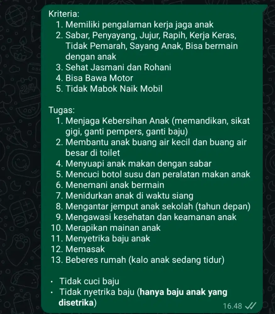 Dicari ART Momong Menginap di Condet Jaktim