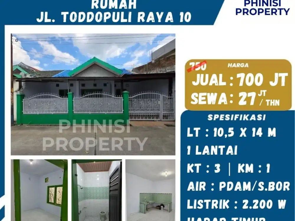 Dijual Rumah Luas Jalan Toddopuli 10 dekat Panakkukang