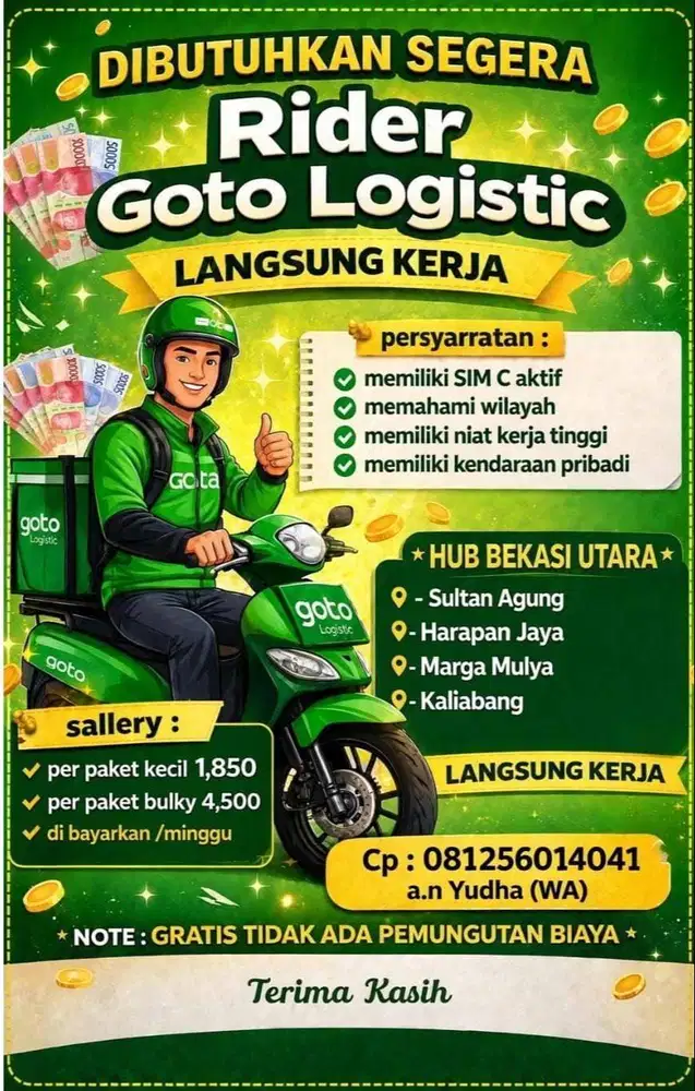 Lowongan Kerja Kurir Motor area Bekasi Utara dan Medan Satria