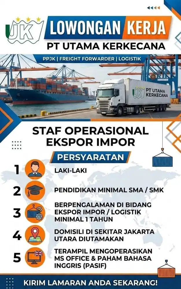 Lowongan Staff ekspor import, staff keuangan, dan driver kurir deliver