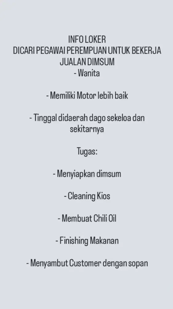 LOKER WANITA JUALAN DIMSUM