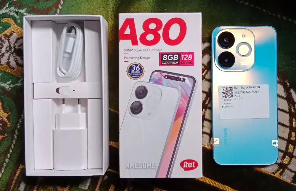 Hape itel mulus A80 Ram 4+4/128 second, lengkap