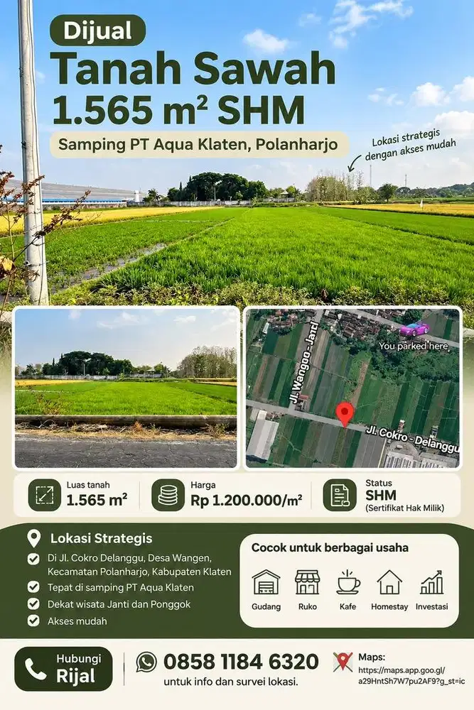 Dijual Tanah Sawah 1.565 m² SHM Samping PT Aqua Klaten, Polanharjo