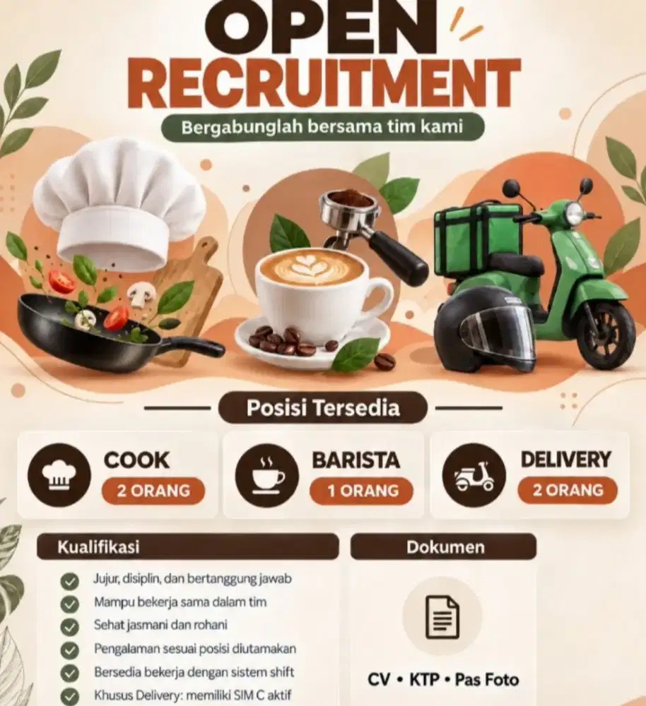 Cook, delivery, barista, server