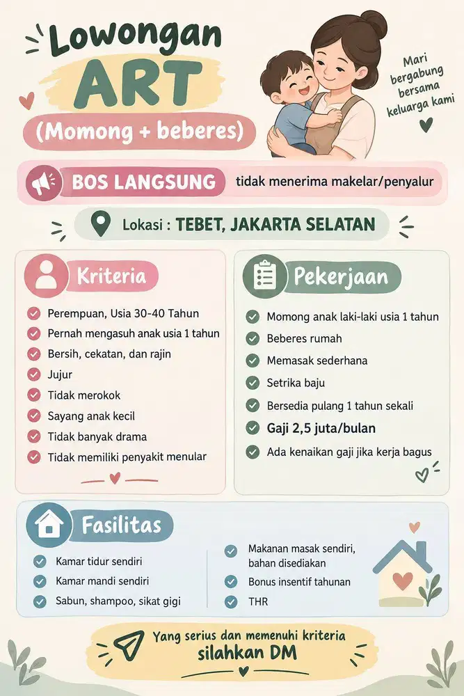 DICARI ART & Momong (Momong Bayi 1 tahun + Beberes Rumah)