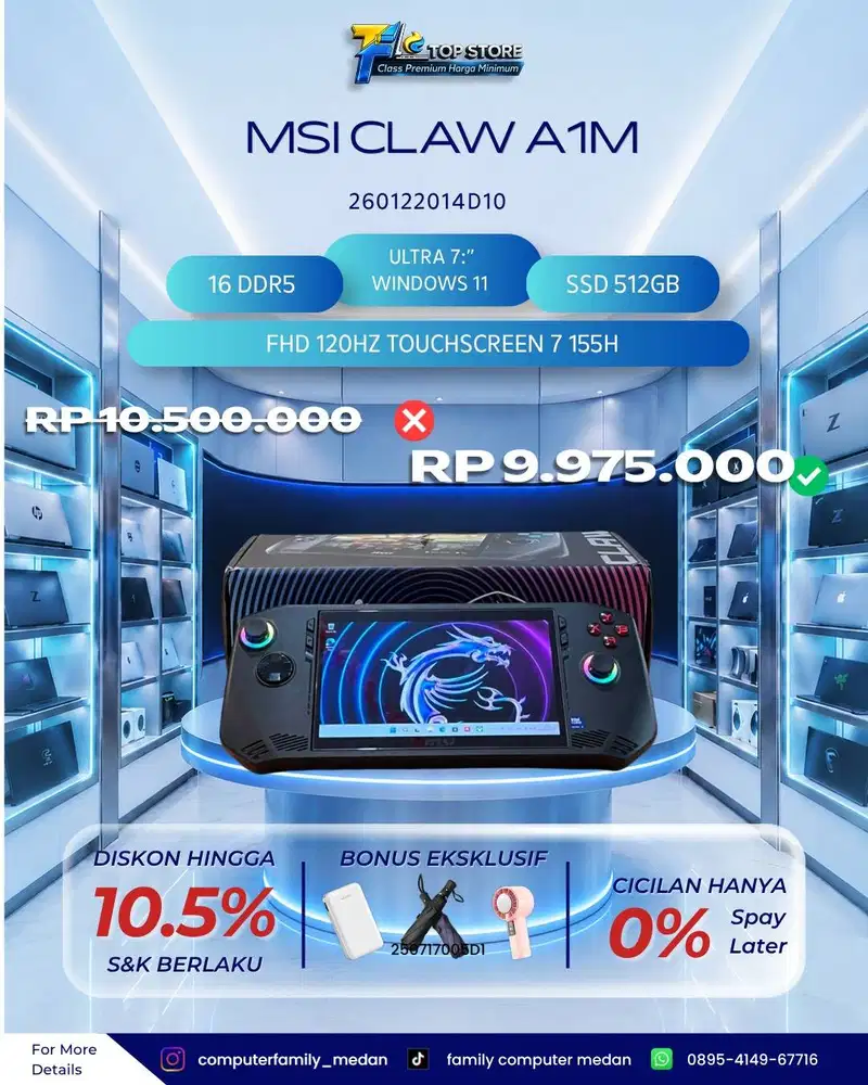 MSI CLAW A1M ULTRA 7 WINDOWS 11,FHD 120HZ TOUCHSCREEN 155H DDR16/512GB