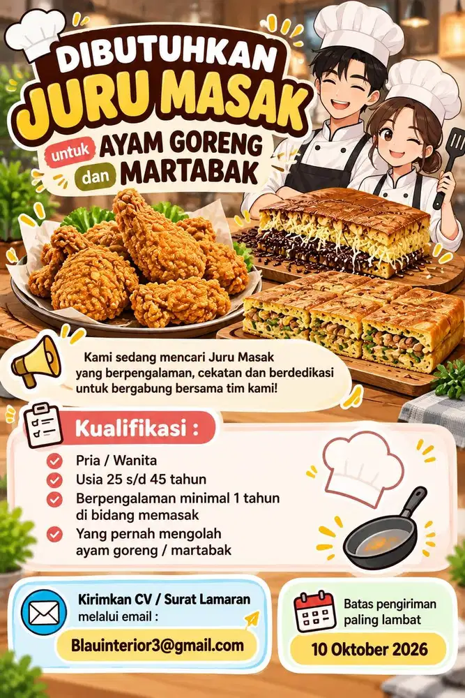 Dibutuhkan Juru Masak untuk Ayam Goreng dan Martabak