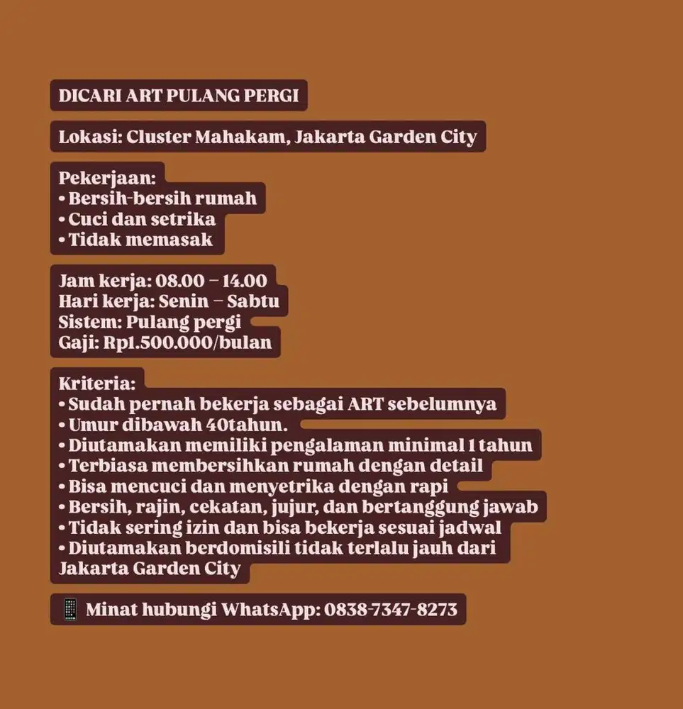 dicari ART pulang pergi, tidak memasak.