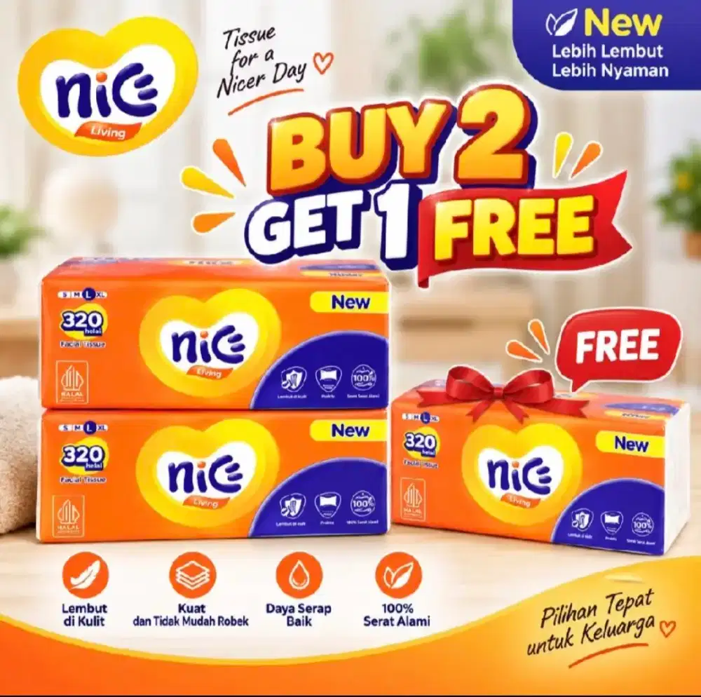 Tisu Wajah Nice (3 PCS) BUY 2 GET 1 | 320 Helai 2 Ply  Lembut